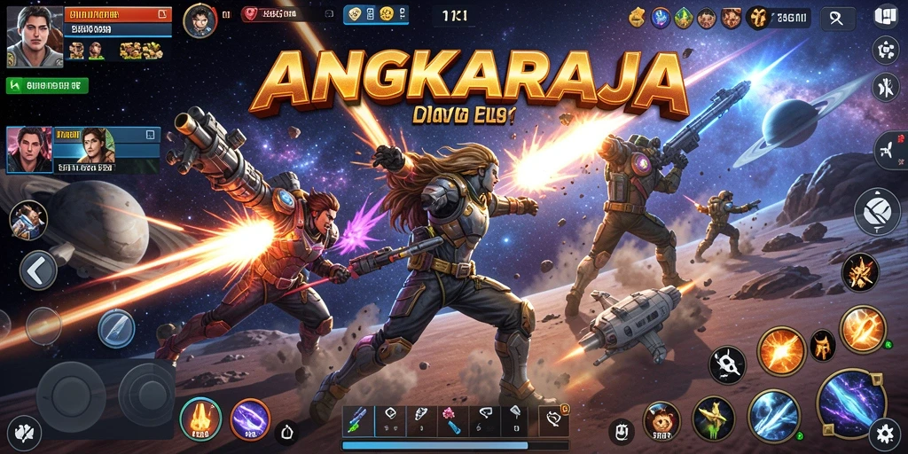 Tangkapan layar utama dari permainan ANGKARAJA menunjukkan aksi pertempuran seru.