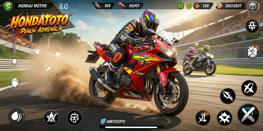 Tampilan gameplay HONDATOTO dengan balapan motor yang mendebarkan.