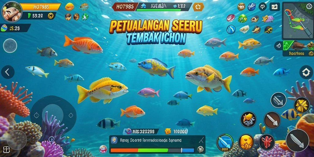 Screenshot HOT985 menampilkan gameplay seru menembak ikan di bawah laut.