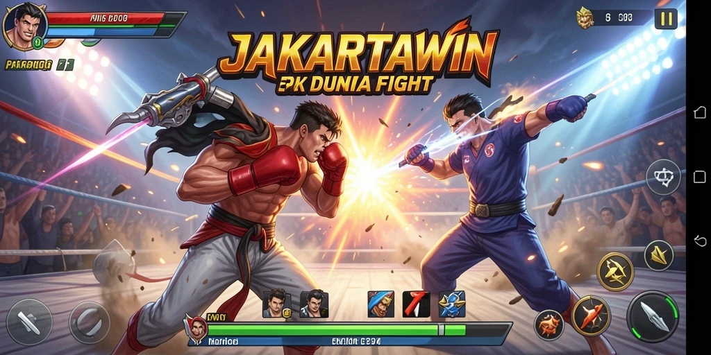 Tangkapan layar JAKARTAWIN menampilkan aksi bertarung yang mendebarkan dan karakter yang dinamis.