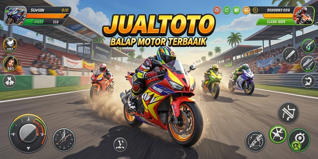 Screenshot JUALTOTO menampilkan aksi balap motor yang intens di lintasan.