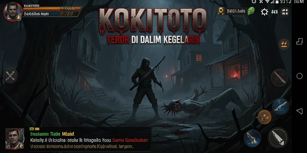 Screenshot KOKITOTO menampilkan suasana mencekam dengan hantu yang mengintimidasi.