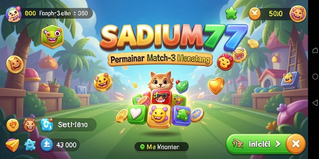 Tangkapan layar STADIUM77 menampilkan gameplay match-3 yang penuh warna.
