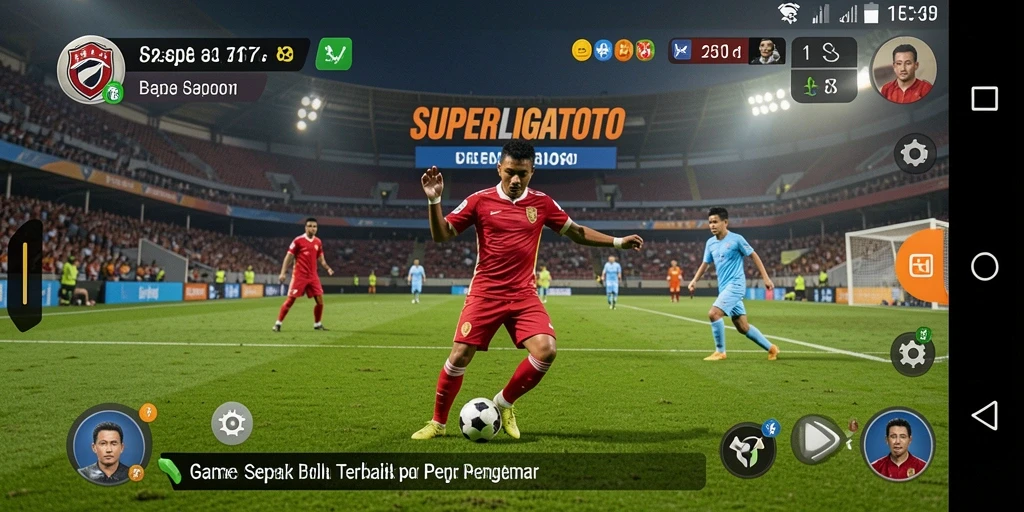 Tangkapan layar gameplay yang menunjukkan aksi sepak bola seru dalam SUPERLIGATOTO.