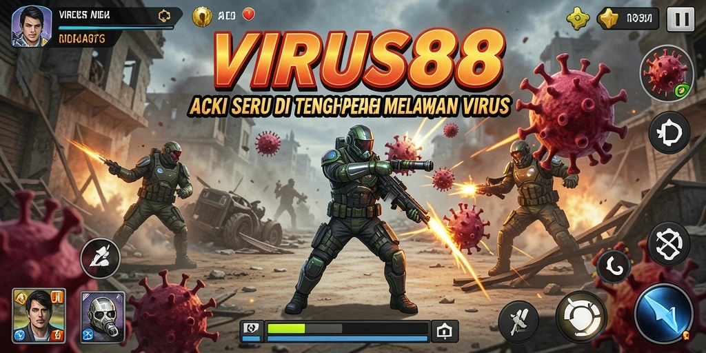 Screenshot menunjukkan aksi menegangkan dalam VIRUS88 saat melawan virus.